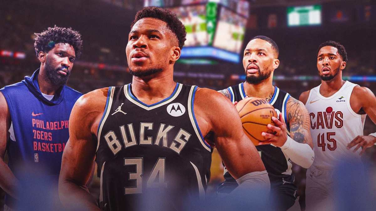 Bucks' Giannis Antetokounmpo and Damian Lillard with Joel Embiid and Donovan Mitchell