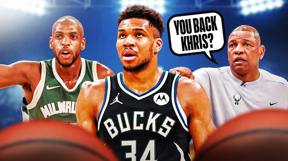 Bucks' Doc Rivers and Giannis Antetokounmpo saying "You back Khris?" to Khris Middleton