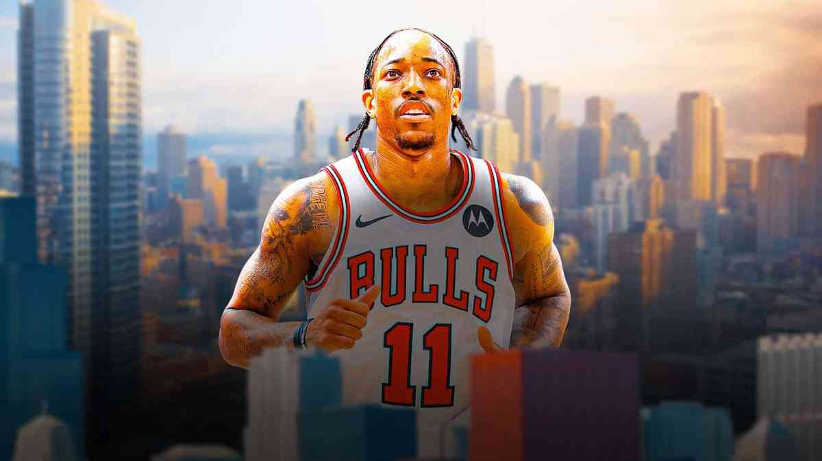 Bulls, DeMar DeRozan, DeMar DeRozan Bulls, Bulls standings, Bulls playoffs, DeMar DeRozan with Chicago skyline in the background
