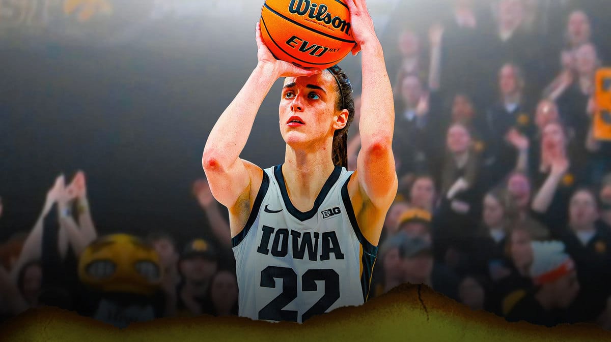 Iowa women’s basketball player Caitlin Clark, in action shooting a basketball