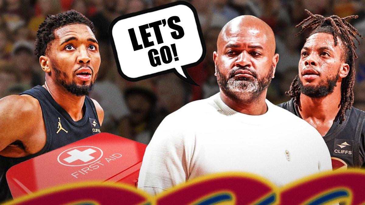Cavs' JB Bickerstaff saying "Lets go" next to Donovan Mitchell and Darius Garland