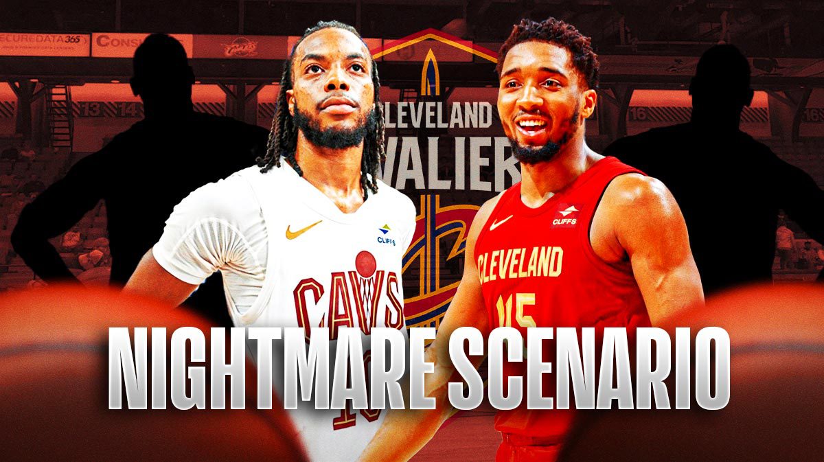 Darius Garland, Donovan Mitchell on one side, Two mystery players on the other side, and Cleveland Cavaliers wallpaper in the background.
