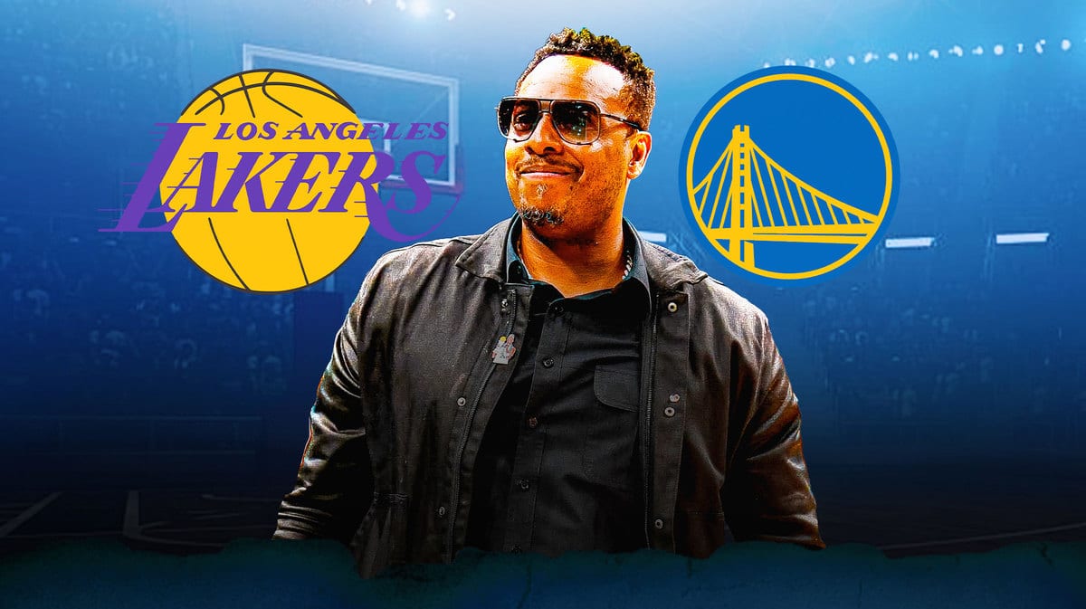 Celtics background, Paul Pierce standing next to Lakers and Warriors logos