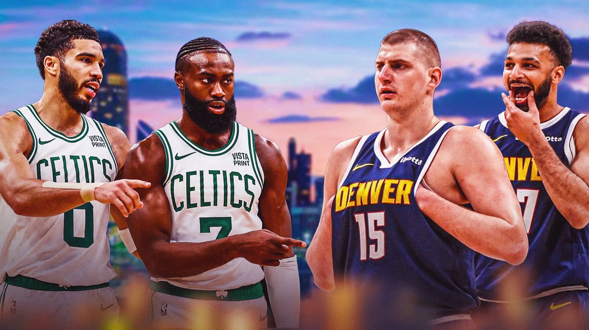 jayson tatum, jaylen brown on left side and nikola jokic, jamal murray on right side of an image with an abu dhabi city background, Celtics