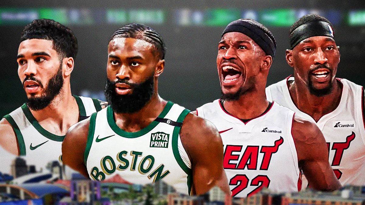Celtics' Jayson Tatum and Jaylen Brown with Heat's Jimmy Butler and Bam Adebayo