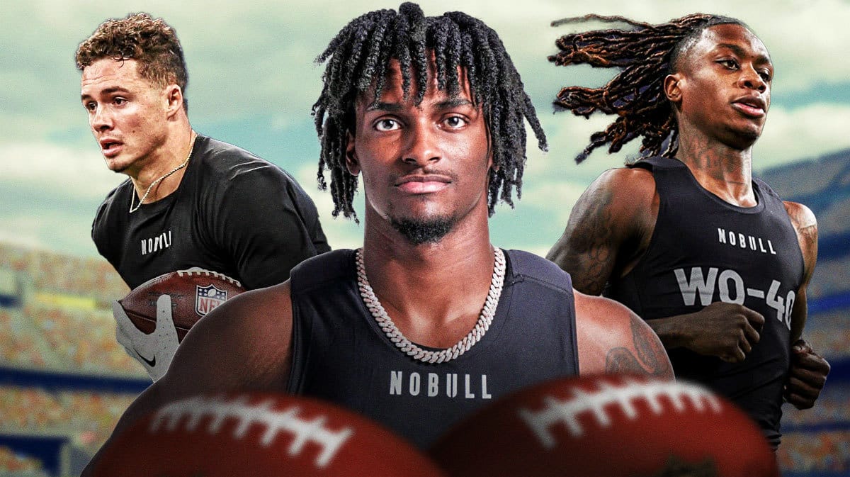 Ennis Rakestraw Jr. in the middle, Ladd McConkey on one side, Xavier Worthy on the other side