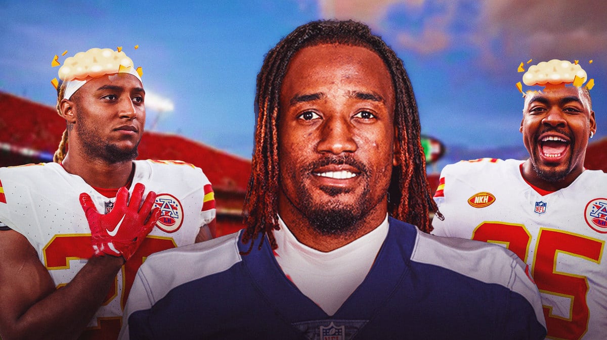 Chiefs' Chris Jones and Justin Reid with their minds blown. L'Jarius Sneed in a Titans uniform.
