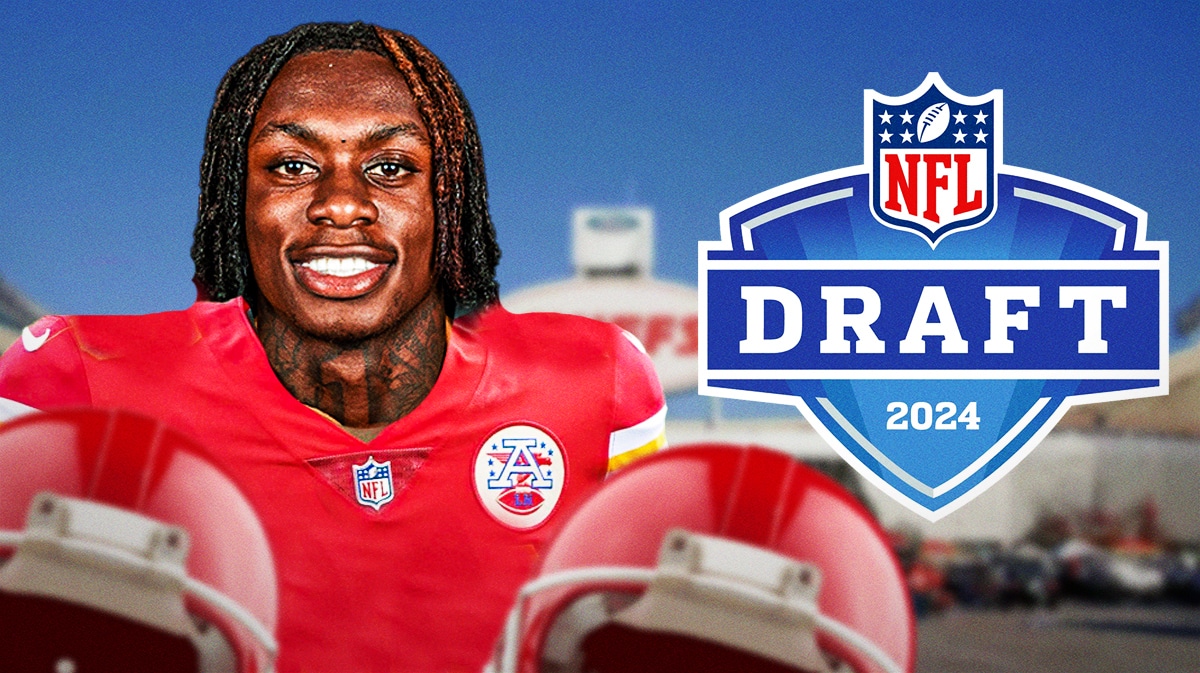 Xavier Worthy wearing a Chiefs jersey next to the 2024 NFL Draft logo in front of Arrowhead Stadium