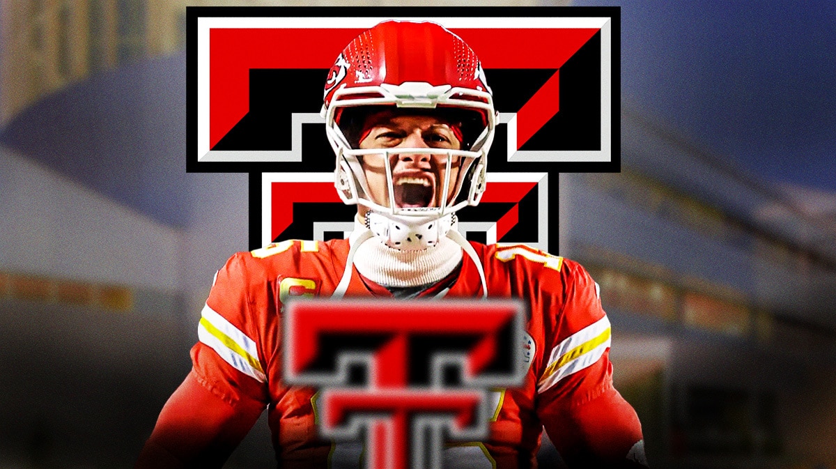 NFL quarterback Patrick Mahomes of the Kansas City Chiefs in front of a Texas Tech logo