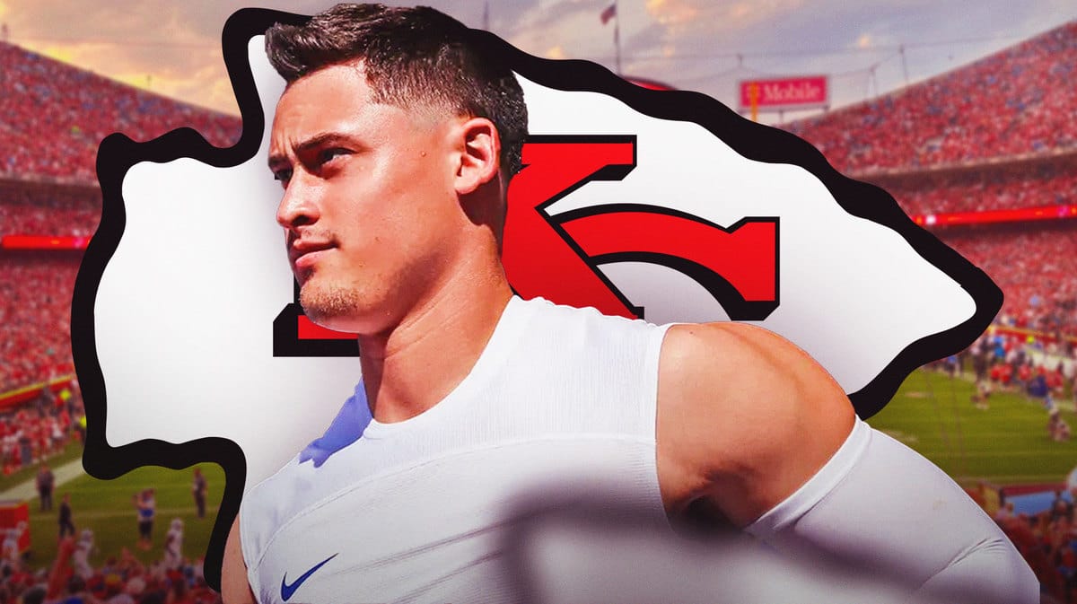 Matt Araiza with Kansas City Chiefs logo in the background
