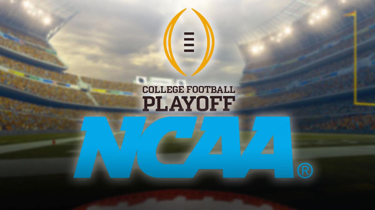 NCAA logo stands beside college football playoff logo while Notre Dame watches in background, FBS members stand on sideline