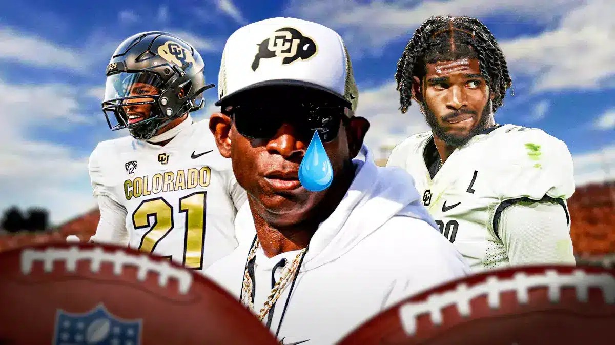 Deion Sanders in the middle with a tear down his face, Shilo Sanders and Shedeur Sanders on either side of him.