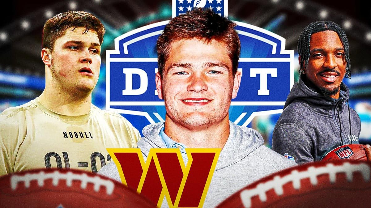 Joe Alt, Drake Maye, Jayden Daniels in action around a Washington Commanders logo with a 2024 NFL Draft background.