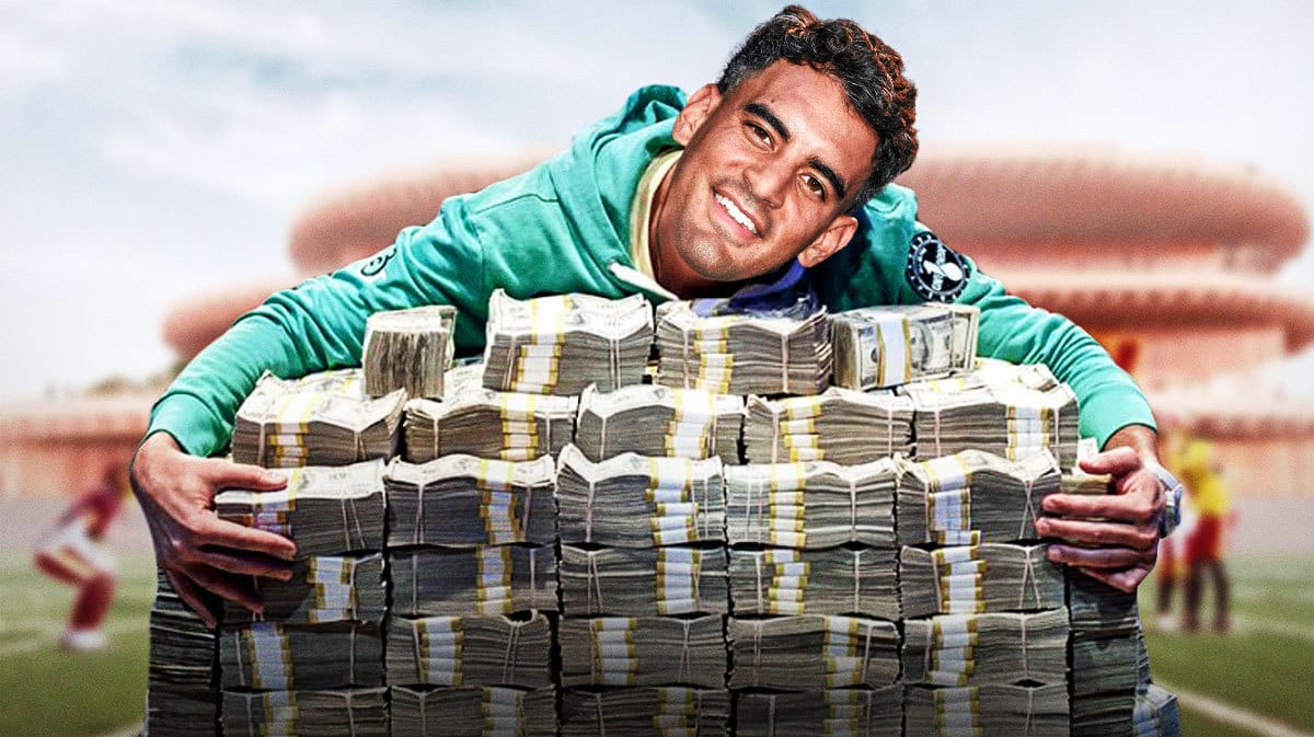 Marcus Mariota (new Commanders QB) as a guy hugging stacks of cash