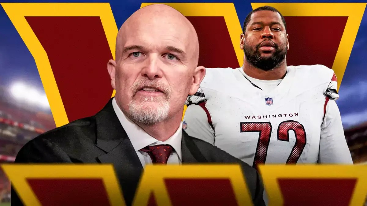 Dan Quinn and Charles Leno in front of a Commanders logo