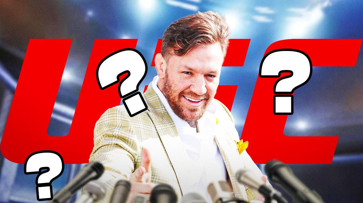 Conor McGregor looking weird/crazy in front of the UFC logo, questionmarks around him