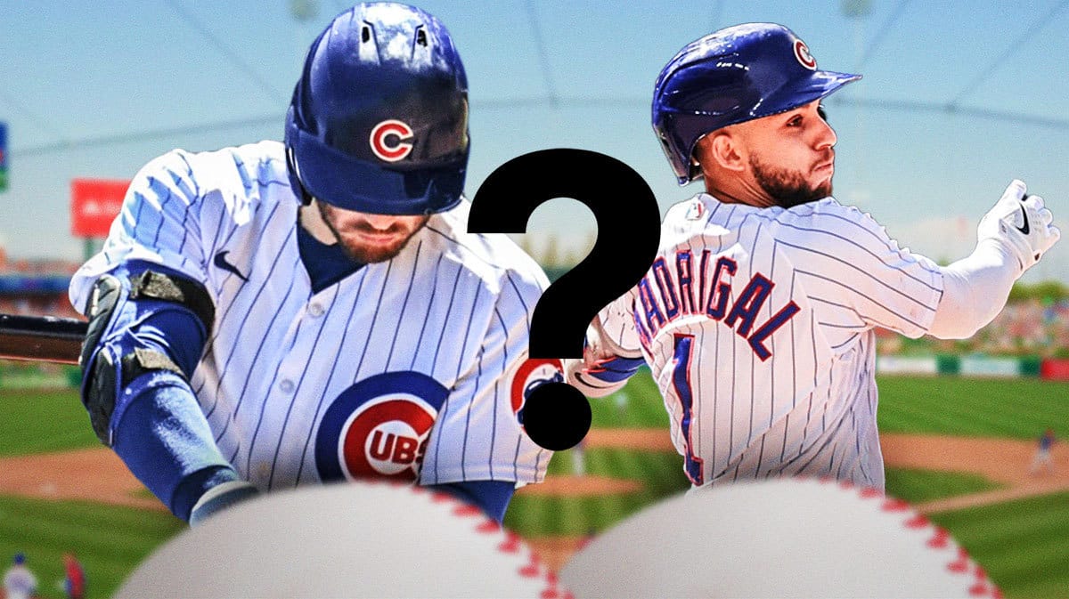 Cubs' Ian Happ on left, Cubs' Nick Madrigal on right both swinging baseball bats. Question mark in middle, Wrigley Field background.