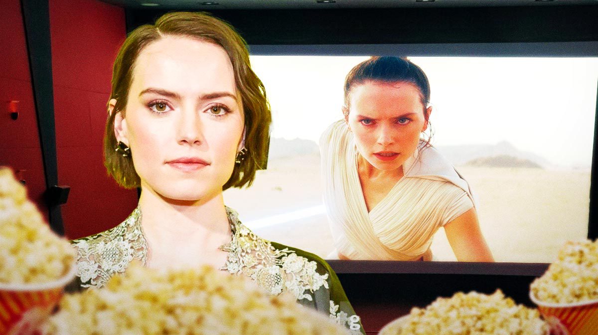 Daisy Ridley next to Rey in Star Wars Episode 9: The Rise of Skywalker on a movie theater screen.