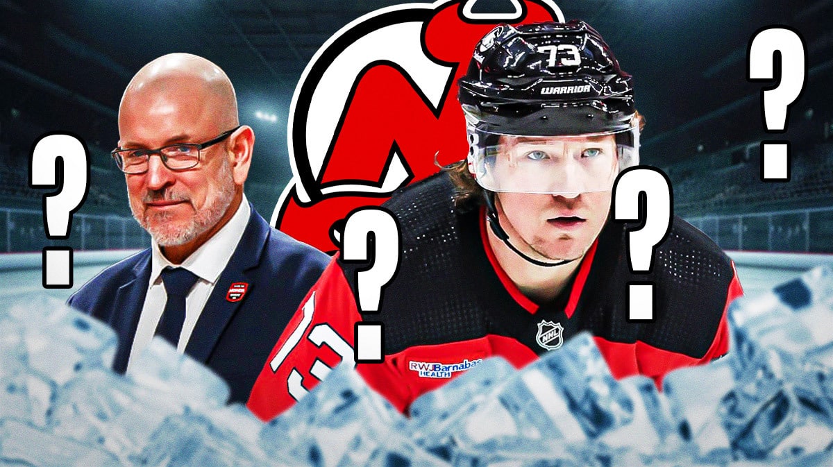 Tyler Toffoli in image looking stern, GM Tom Fitzgerald also looking stern, NJ Devils logo, 3-5 question marks, hockey rink in background