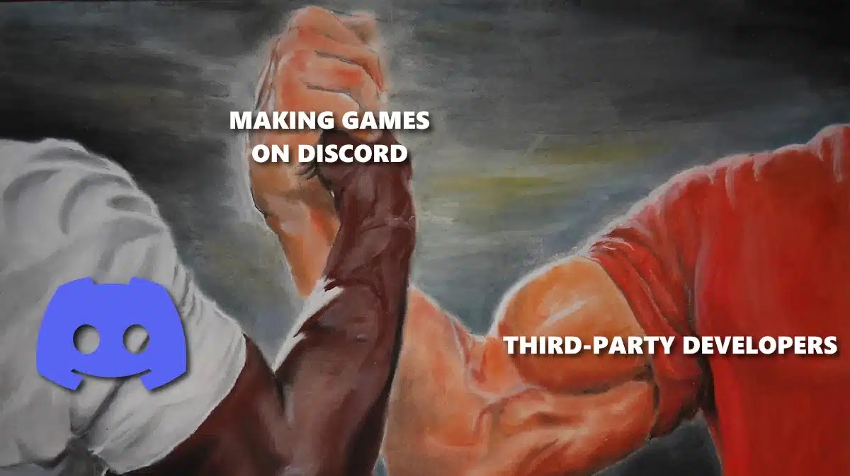 discord games, discord third-party, discord games developers, discord, discord embedded app sdk, the epic handshake meme with the discord logo on one side third-party developers in the other and making games on discord at the handshake