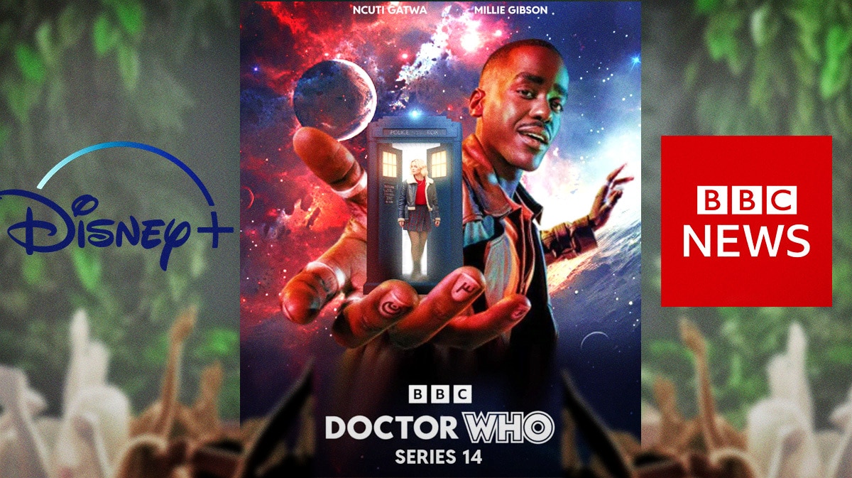Doctor Who season 14 poster in between Disney Plus and BBC logos