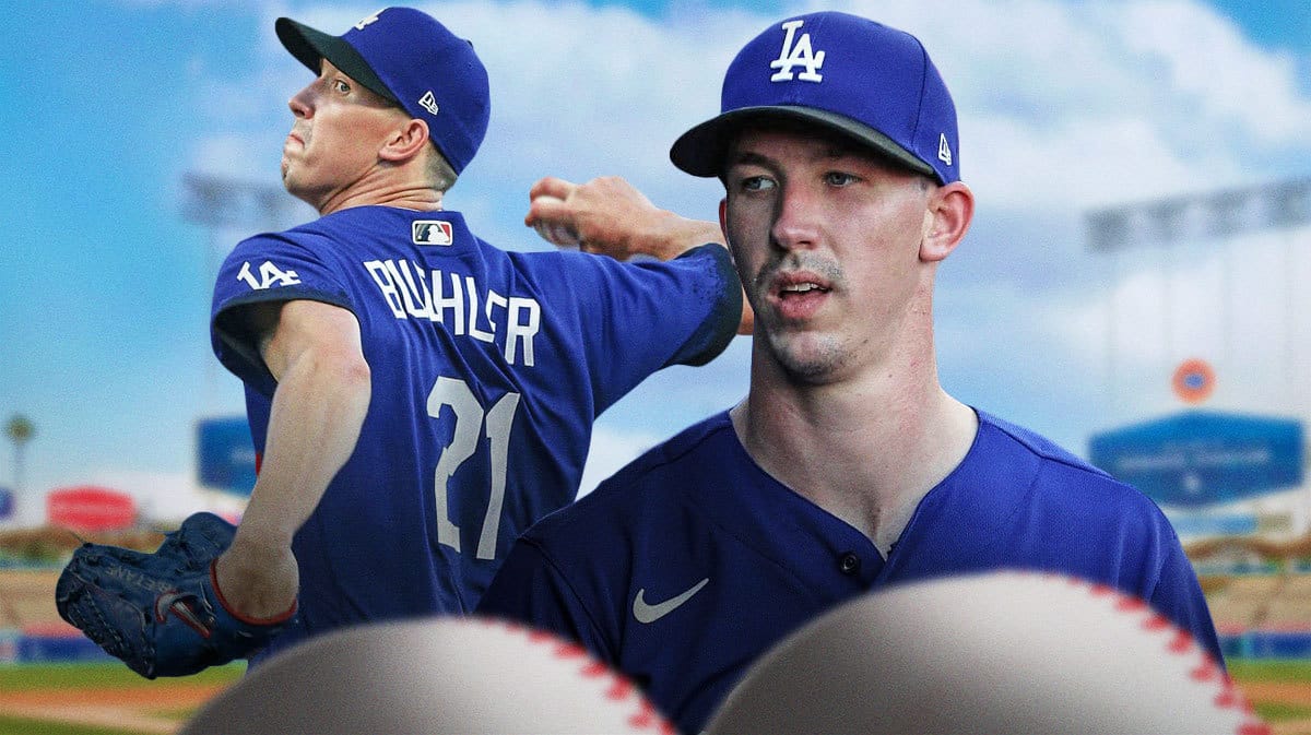 Dodgers' Walker Buehler pitching a baseball at Dodger Stadium.