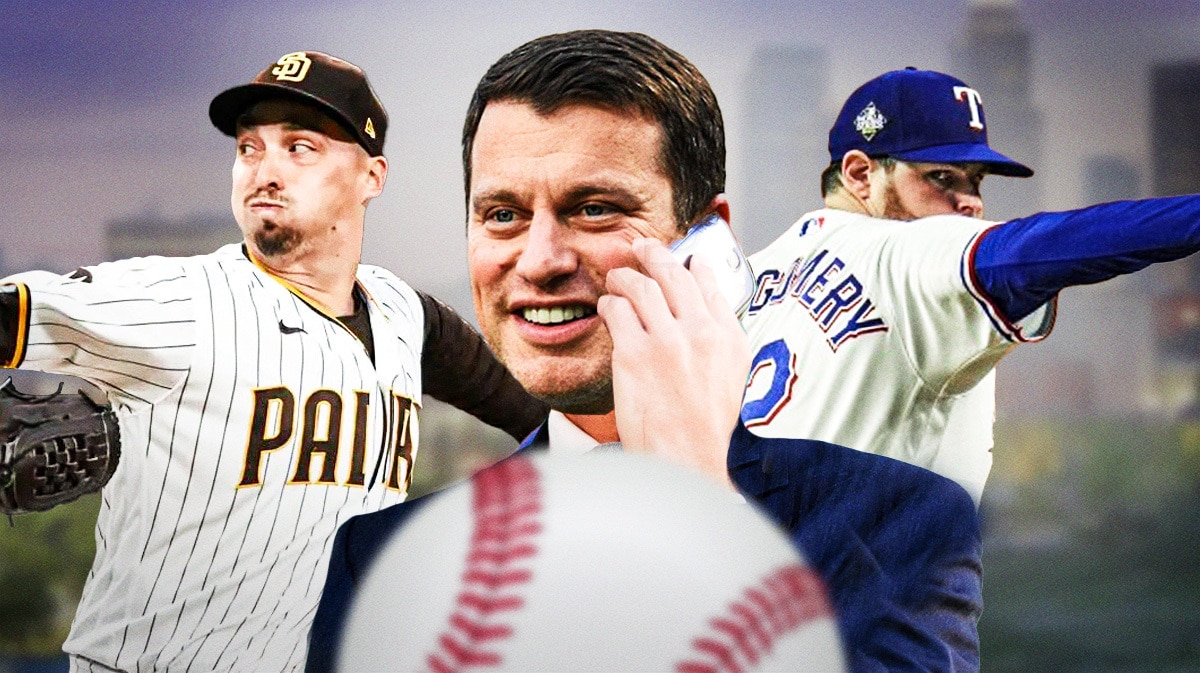 Dodgers' Andrew Friedman talking on a phone in front. In background, Padres' Blake Snell and Rangers' Jordan Montgomery both pitching baseballs.