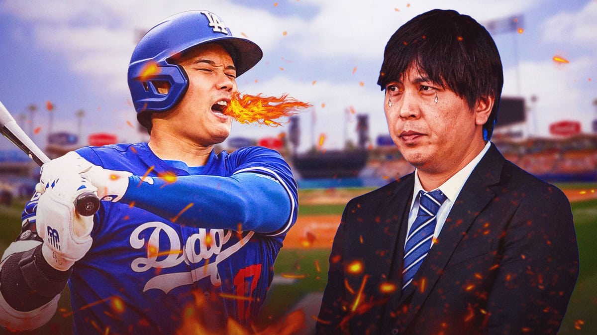 Shohei Ohtani with fire coming out his mouth. Ippei Mizuhara with animated tears
