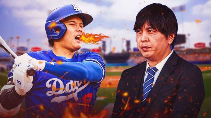 Shohei Ohtani with fire coming out his mouth. Ippei Mizuhara with animated tears