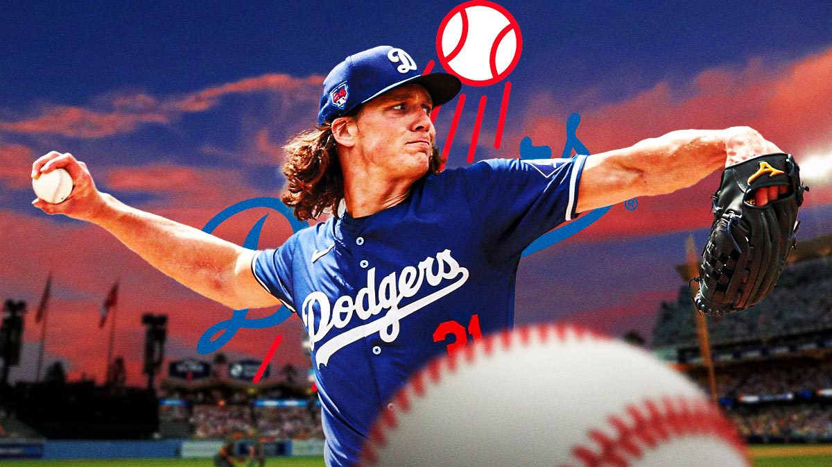 Tyler Glasnow in front of a Dodgers logo