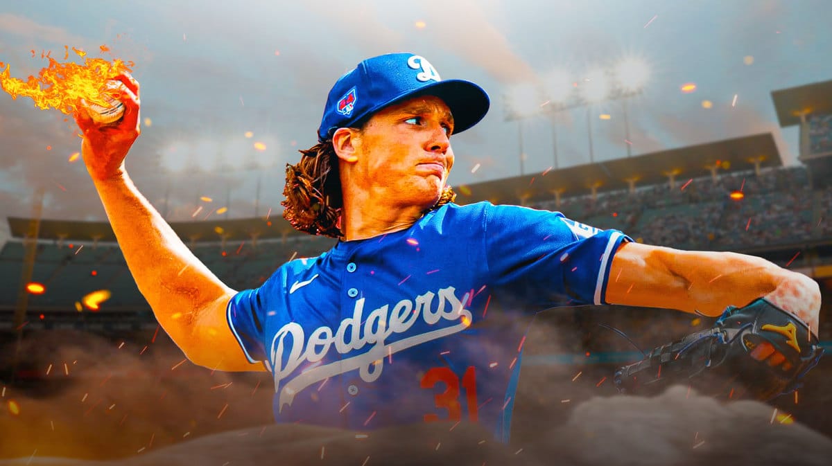 Tyler Glasnow pitching a baseball in a Dodgers uniform. Have flames coming off the baseball.