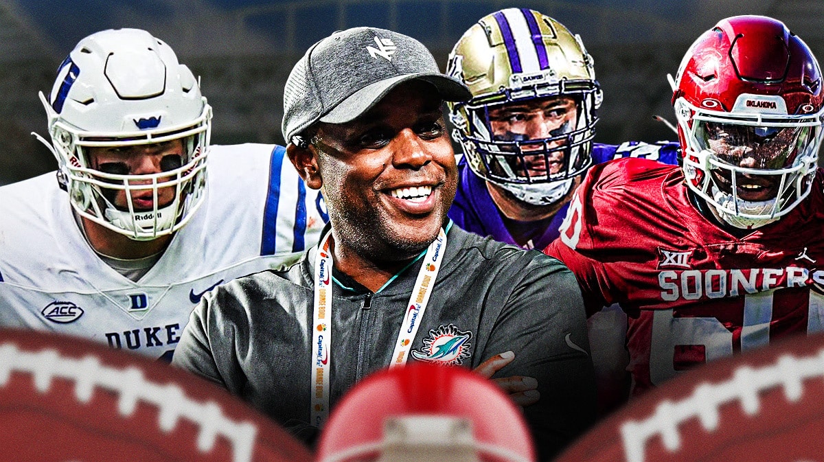 GM Chris Grier in the middle, Graham Barton, Tyler Guyton , Troy Fautanu around him, and Miami Dolphins in the background.