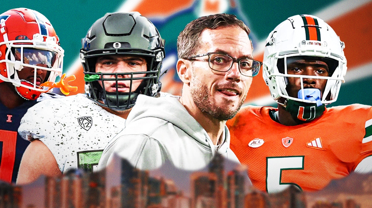 Coach Mike McDaniel in the middle, Jackson Powers-Johnson, Kamren Kinchens, Isaiah Williams around him, and Miami Dolphins wallpaper in the background.