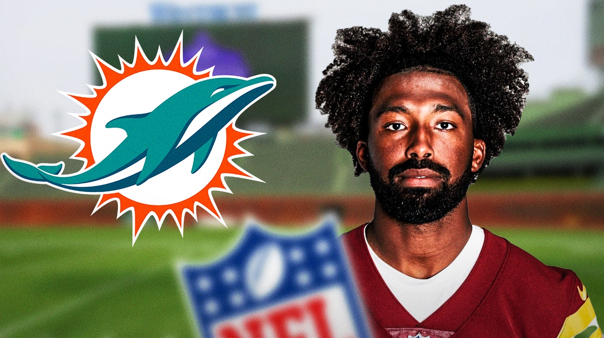 Commanders' Kendall Fuller stands in front of Dolphins logo after NFL free agency move, Xavien Howard stands in background
