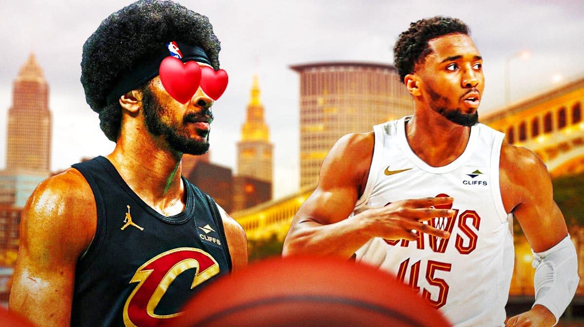 Cavs Jarrett Allen with heart emojis for eyes looking at Donovan Mitchell