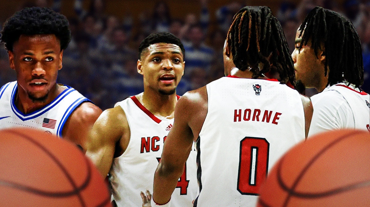 Duke basketball player Jeremy Roach, looking at North Carolina State players.
