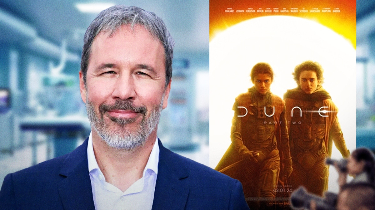 Denis Villeneuve next to Dune 2 poster with hospital background.