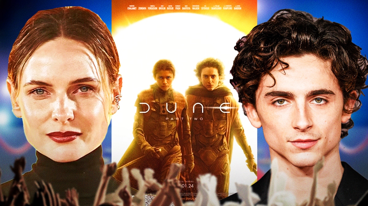 Dune 2 poster and stars Rebecca Ferguson and Timothée Chalamet.
