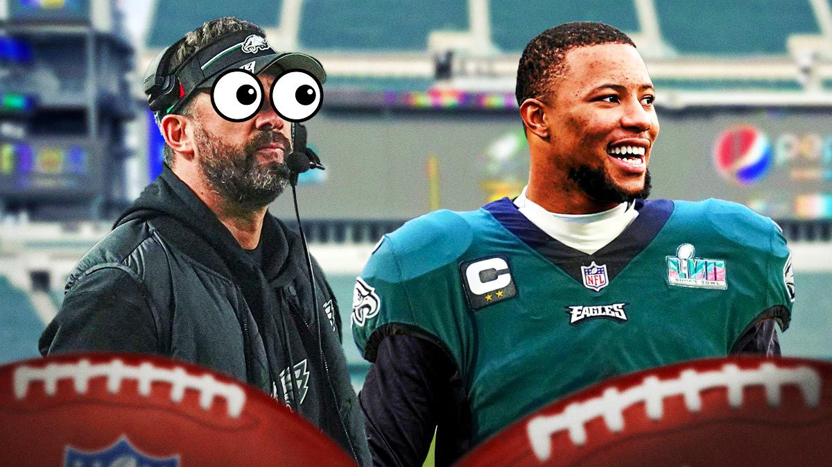 Nick Sirianni with eyeball emojis looking at Saquon Barkley in an Eagles uniform