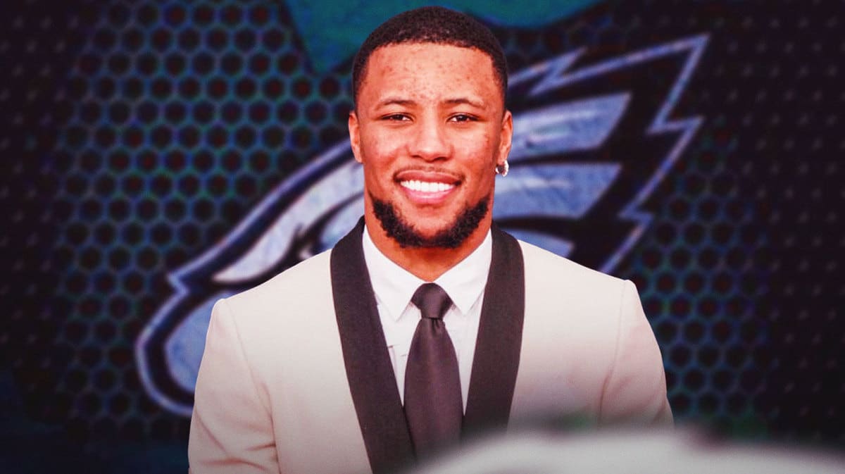Saquon Barkley with Philadelphia Eagles logo at the back