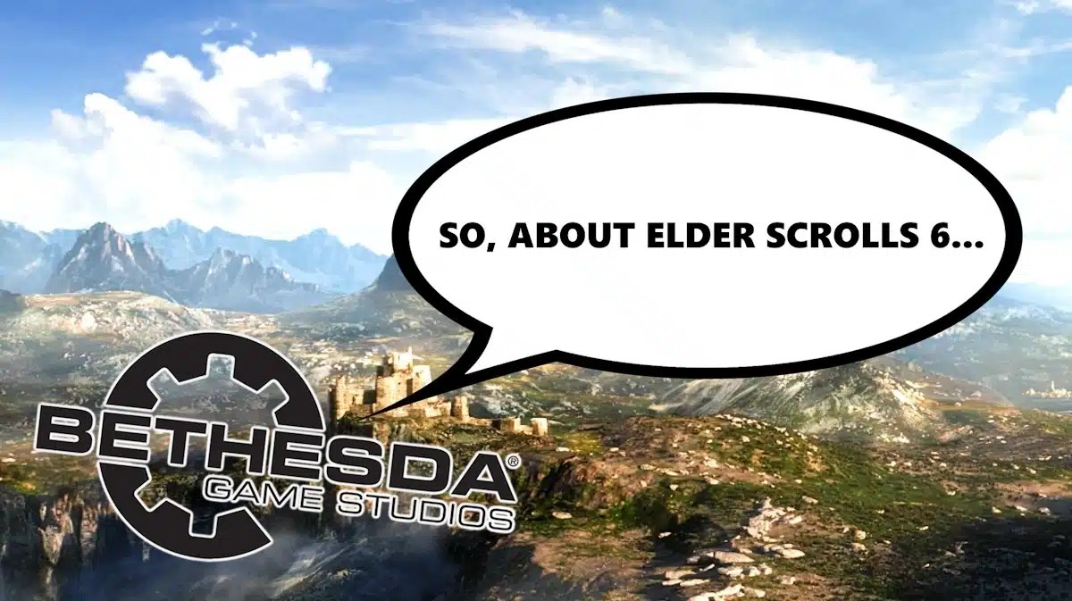 elder scroll 6 tease, elder scrolls 6, bethesda anniversary, bethesda, elder scrolls, an image from the elder scrolls 6 teaser with the bethesda logo in front and a speech bubble with the words so about elder scrolls 6 inside it