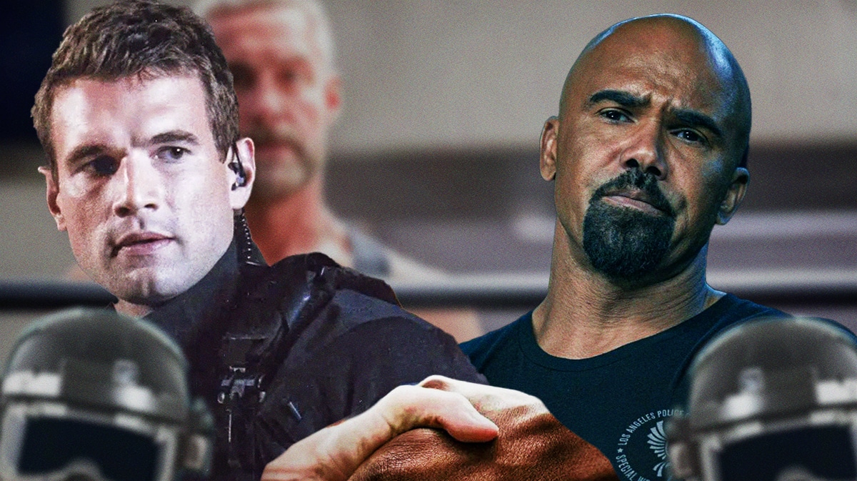 Jim Street (Alex Russell) and Hondo (Shemar Moore) shaking hands, with the SWAT boxing gym and Deacon (Jay Harrington) in the background from season 7 episode 4 and 5.