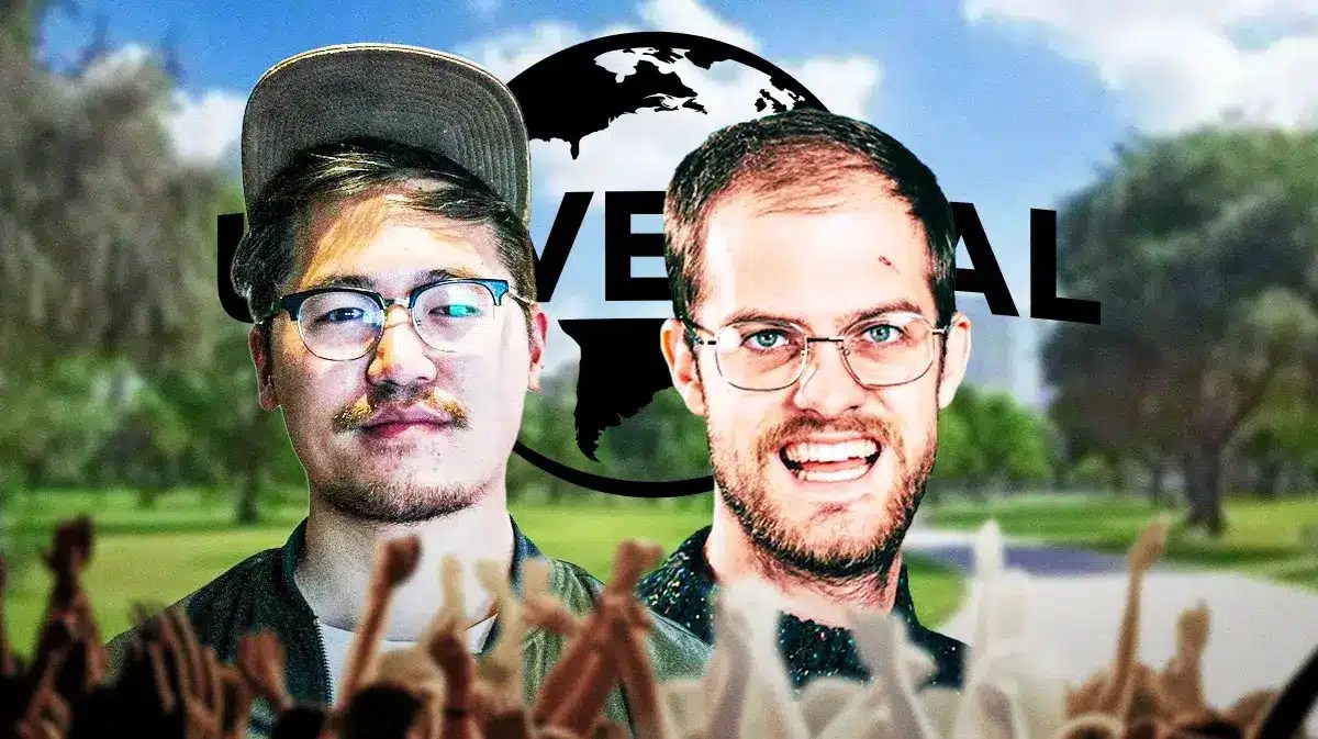Everything Everywhere All at Once directors the Daniels (Daniel Kawn and Daniel Scheinert) with Universal Pictures logo.