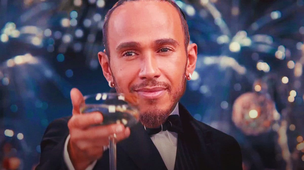Lewis Hamilton (Mercedes) as the Leo Great Gatsby meme