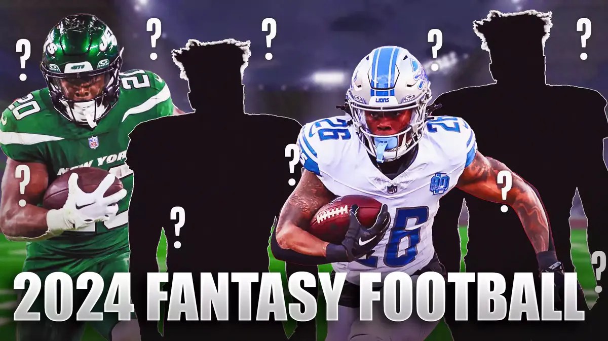 Jets Breece Hall and Lions Jahmyr Gibbs next to two mystery NFL running backs