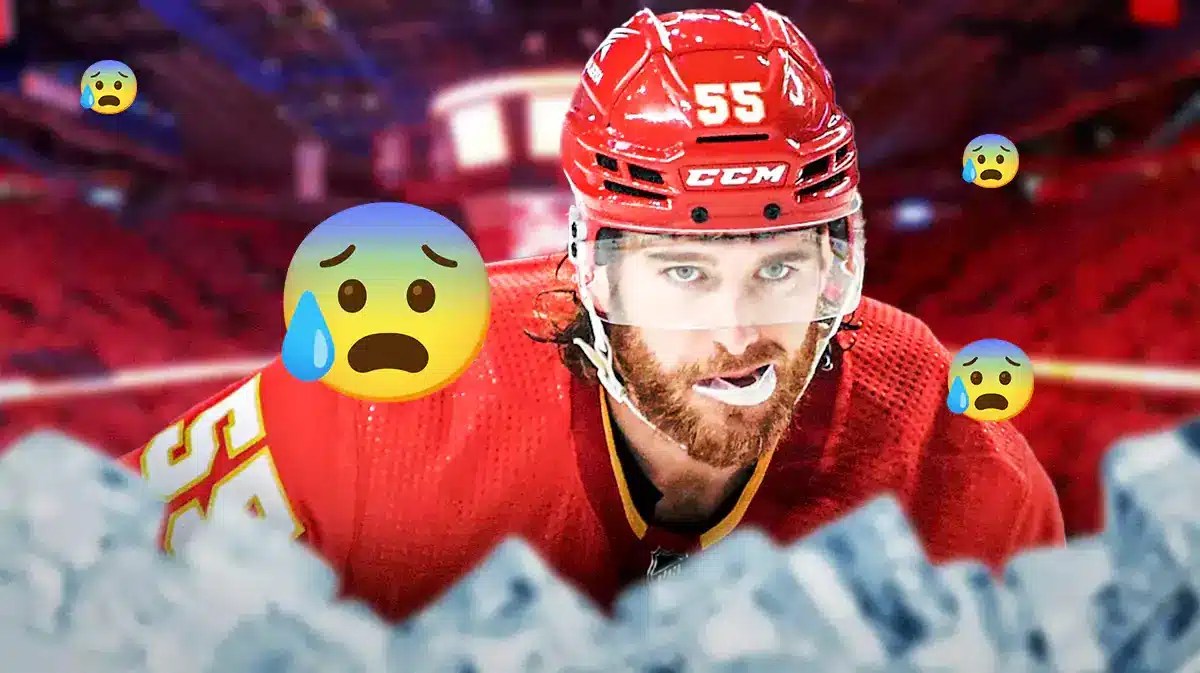 Flames' Noah Hanifin, anxious emojis around him