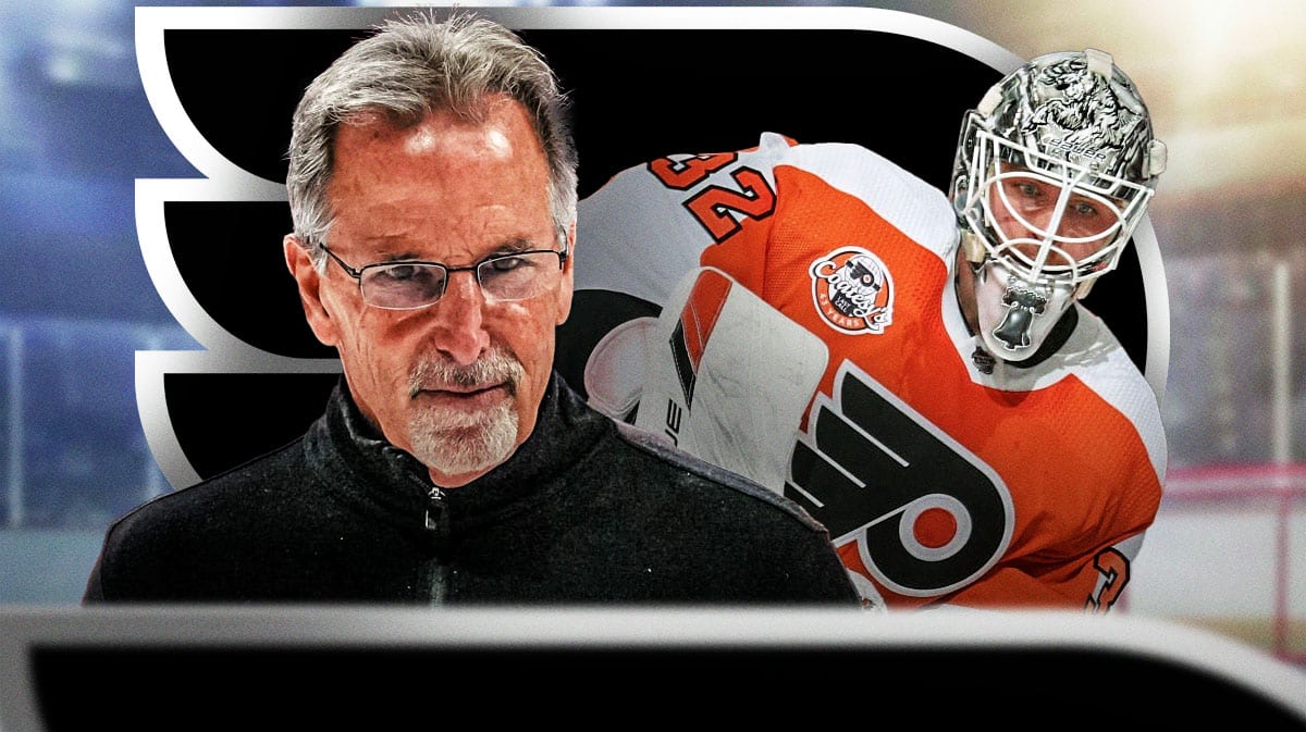 John Tortorella in middle with speech bubble: “I was wrong” , Felix Sandstrom in background, PHI Flyers, hockey rink