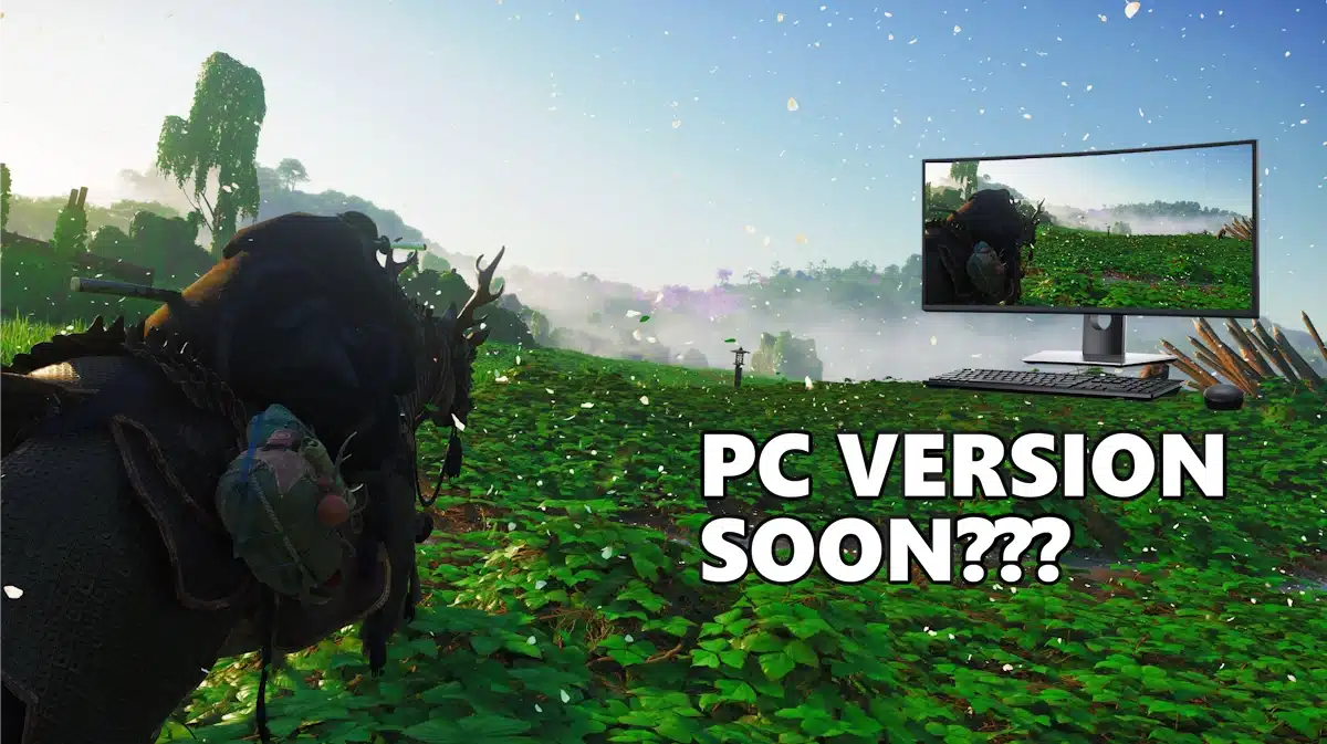 ghost tsushima pc, ghost tsushima pc release, ghost of tsushima, a screenshot of ghost of tsushima with a pc in the corner showing the same screenshot and the words pc version soon under it