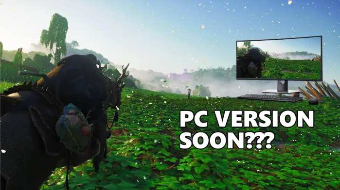 ghost tsushima pc, ghost tsushima pc release, ghost of tsushima, a screenshot of ghost of tsushima with a pc in the corner showing the same screenshot and the words pc version soon under it