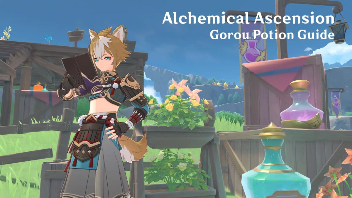 gorou potion guide, gorou potion, alchemical ascension, alchemical ascension guide, genshin impact, a screenshot of gorou with the words alchemical ascension gorou potion guide in one corner